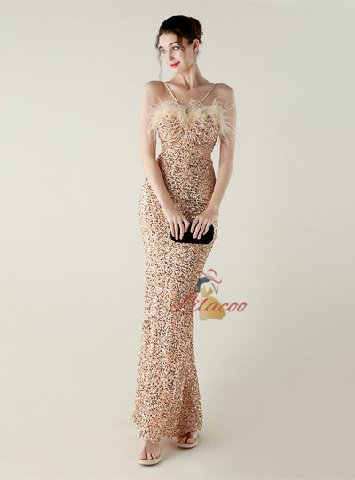 Black Sequins Spaghetti Straps Feather Prom Dress