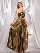 Gold Straps Pleats Prom Dress