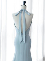 Blue Mermaid Halter Backless Pleats Pearls Prom Dress