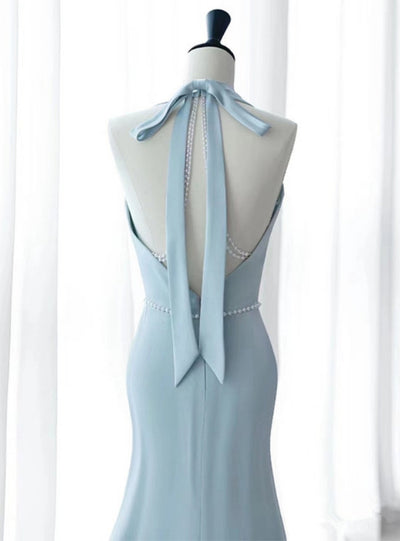 Blue Mermaid Halter Backless Pleats Pearls Prom Dress