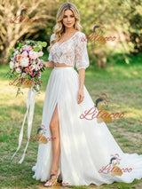 White Two Piece Lace Puff Sleeve Wedding Dress