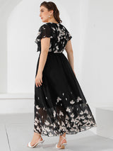 V-neck Flared Sleeve Ruffled Chiffon Printed Dress