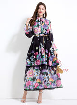 Horn Sleeve Button Printed Long Dress