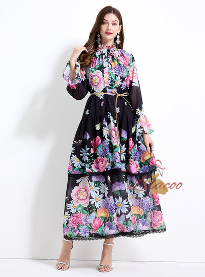 Horn Sleeve Button Printed Long Dress