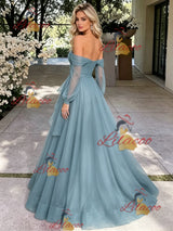 Blue Tulle Long Sleeve Off the Shoulder Pleats Prom Dress