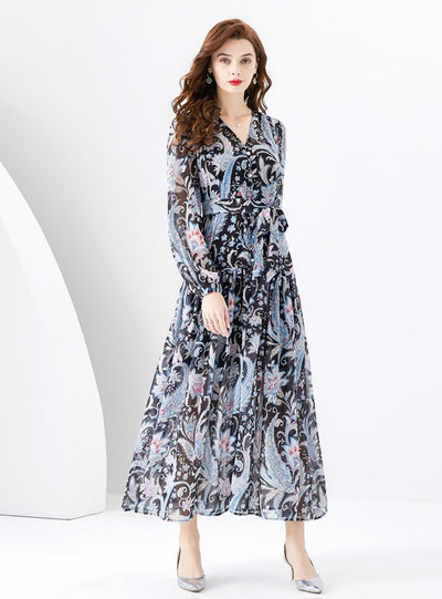 V-neck Lantern Sleeve Long Retro Print Dress