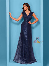 Navy Blue Sequins V-neck Prom Dress