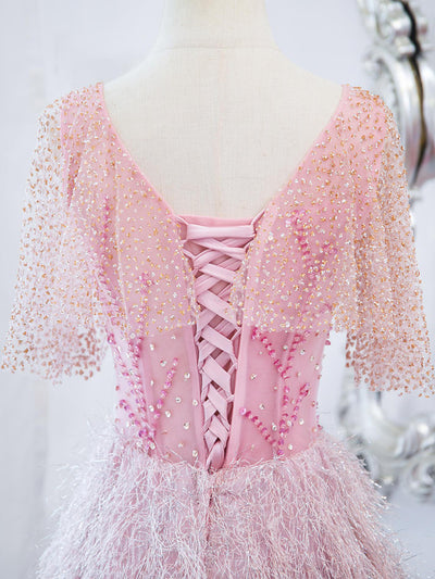 Pink Tassel Sequins Beading Prom Dress