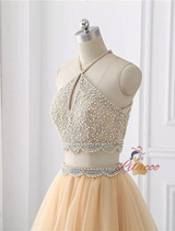 Champagne Tulle Two Piece Homecoming Dress