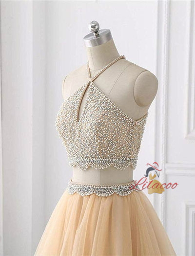 Champagne Tulle Two Piece Homecoming Dress