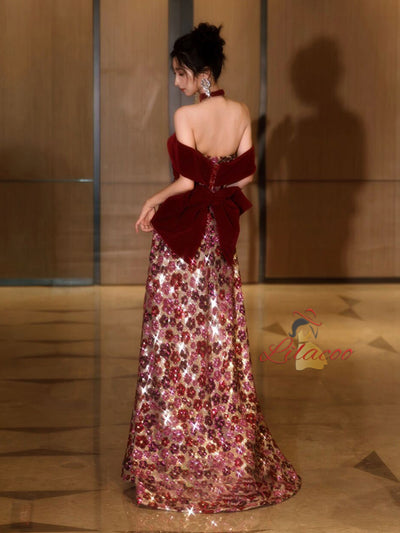 Burgundy Sequins Bow Prom Dress