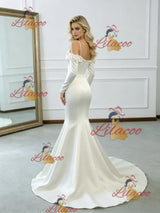 Beige White Mermaid Satin Long Sleeve Flower Wedding Dress