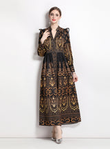 V-neck Puff Sleeve Print Retro Dress