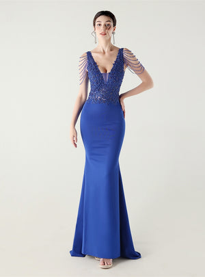 Mermaid V-neck Appliques Beading Prom Dress