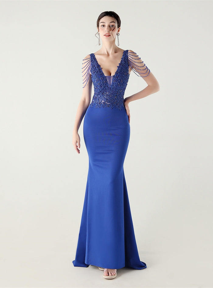Mermaid V-neck Appliques Beading Prom Dress