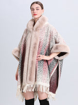 Fur-neck Hooded Jacquard Cloak Shawl