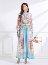 Holiday Lapel Printed Long-sleeved Dress