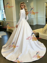 White Satin High Neck Long Sleeve Wedding Dress