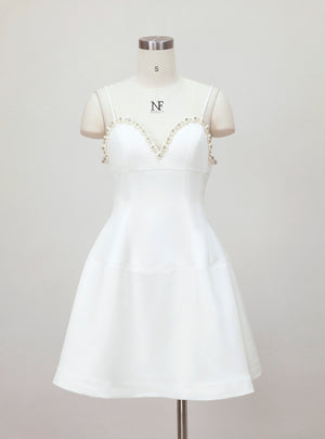 White Spaghetti Straps Pearls Prom Dress