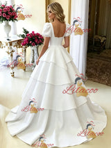 White Square Neck Puff Sleeve Wedding Dress