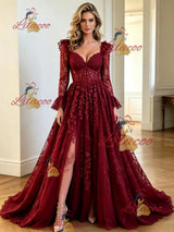 Burgundy Tulle Appliques Long Sleeve Prom Dress