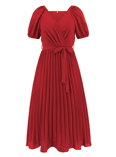 V-neck Pleated Lantern Sleeve Dress