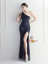One Shoulder Sequins Beading Split Prom Dress