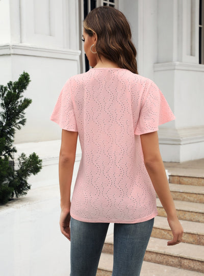 Hollow V-neck Lotus Leaf Sleeve T-shirt