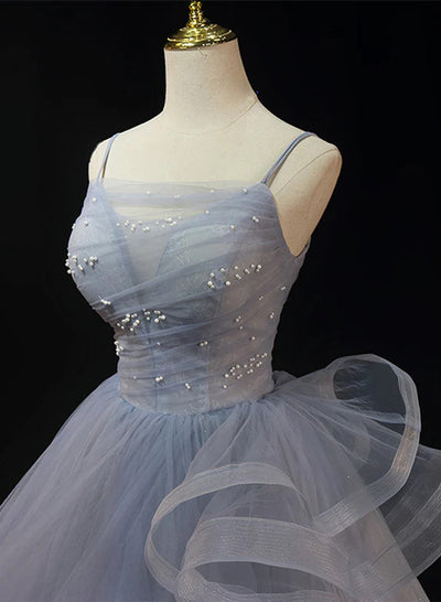 Gray Tulle Straps Pleats Pearls Prom Dress