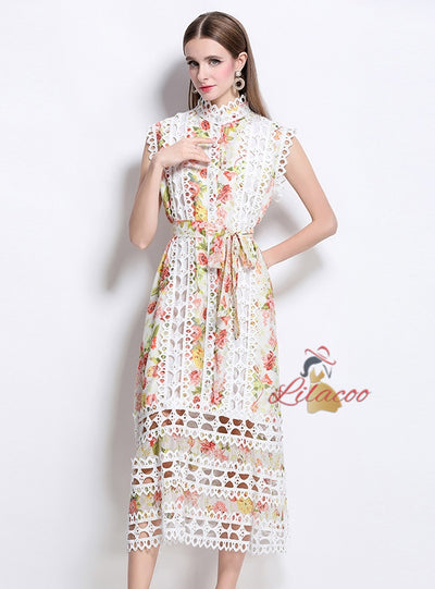 Openwork Lace Stitching Printed Dress