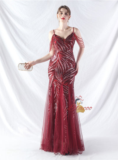 Spaghetti Straps Sequins Beading Prom Dress