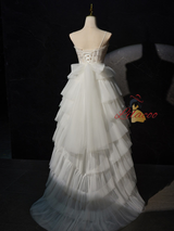 White Tulle Hi Lo Tiers Sequins Wedding Dress