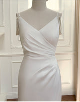 White Straps Pearls Prom Dress