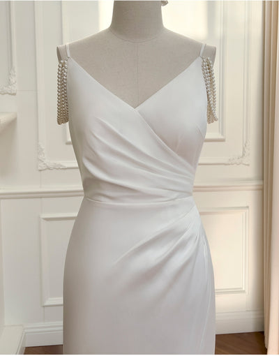 White Straps Pearls Prom Dress