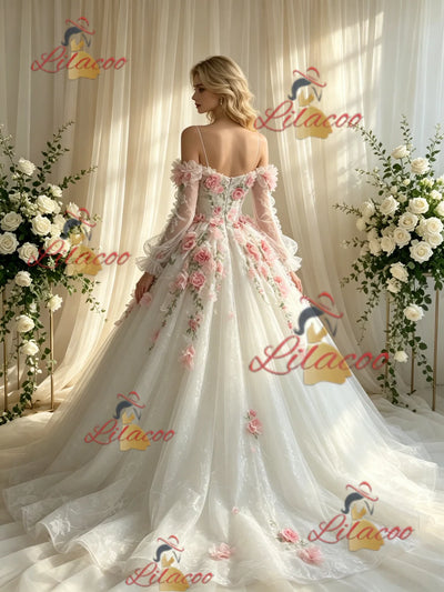 White Tulle Straps Appliques Wedding Dress