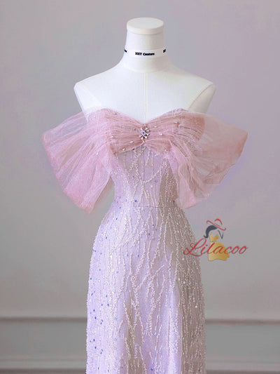 Pink Mermaid Tulle Sequins Prom Dress