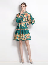 Vintage Printed Lantern Sleeve V-neck Dress