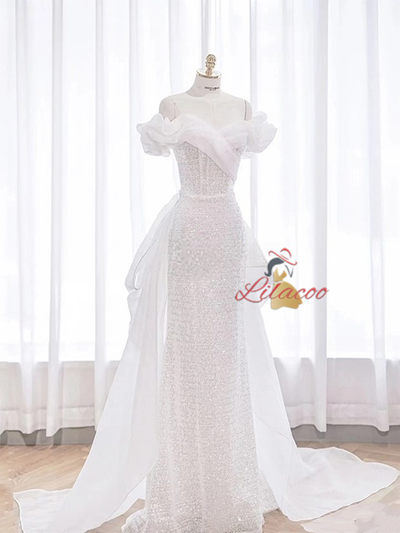 Simple White Sequins Off the Shoulder Wedding Dress