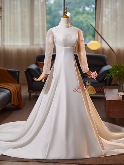 White Satin Long Sleeve High Neck Wedding Dress