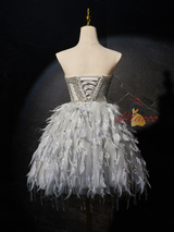 Gray Tulle Beading Feather Strapless Homecoming Dress