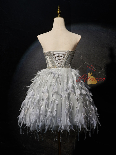 Gray Tulle Beading Feather Strapless Homecoming Dress
