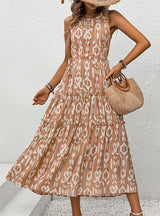 Sleeveless Solid Color Hollow Stitching Print Dress