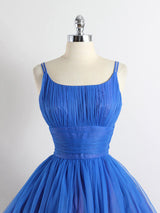 Royal Blue Tulle Spaghetti Straps Pleats Homecoming Dress