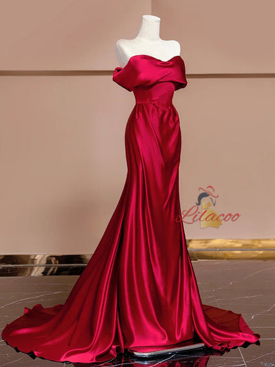 Burgundy Satin Off the Shoulder Pleats Prom Dress