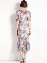 Purple Square Collar Printed Floral Dress