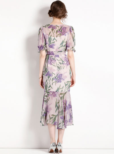 Purple Square Collar Printed Floral Dress