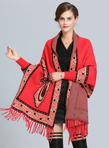 Jacquard Fringed Knitted Shawl Cloak