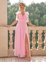 Pink Tulle V-neck Long Party Dress