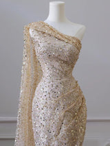 Gold Mermaid Sequins One Shoulder Split Prom Dress