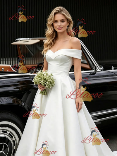 White Satin Off the Shoulder Wedding Dress